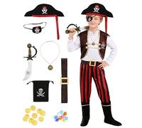 Dtiaagto Costume da Pirata per Bambini con Cappello, Occhialino e Fascia, Costume per Feste di Halloween 8-9 anni