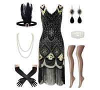 Dtiaagto Vestito Anni 20 Donna 7 Pezzi Gatsby Charleston Halloween Flapper | Set 7 pezzi per Halloween: vestito flapper nero e oro con paillettes e frange, più 6 accessori tra cui calze a rete