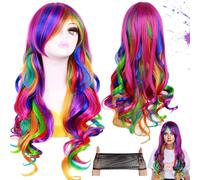 Dtoterul Parrucche Colorate Lunghe Carnevale, Parrucca Lunga Arcobaleno Bambina, Parrucca Riccioli Lunghi Colorati, Con Cappuccio per Parrucca, 28 Pollici, Adatto per Tutti i Giorni, Cosplay, Hallowee