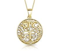 DTPsilver® Collana in Argento 925 Placcato in Oro Giallo - Ciondolo Albero della Vita con Sole e Luna - Catenina Larghezza: 1,2 mm - Lunghezza regolabile: da 40 a 45 cm