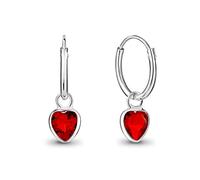 DTPsilver® Orecchini a Cerchio Piccoli - Argento 925 con Cristalli Swarovski® Elements - Pendenti a Forma di Cuore - Spessore : 1.5 mm - Diametro: 14 mm - Colore: Siam Rosso