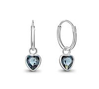 DTPsilver® Orecchini a Cerchio Piccoli - Argento 925 con Cristalli Swarovski® Elements - Pendenti a Forma di Cuore - Spessore : 1.5 mm - Diametro: 14 mm - Colore: Blu Montana