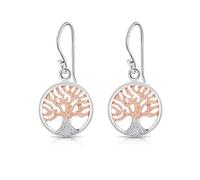 DTPsilver® Orecchini Pendenti Piccoli a Gancio in Argento sterling 925 e Placcato in Oro Rosa - Bicolore - Simbolo dell'Albero della Vita - Lunghezza: 28 mm - Diametro 14 mm
