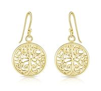 DTPsilver® Orecchini Pendenti Piccoli a Gancio in Argento sterling 925 Placcato in Oro Giallo - Simbolo dell'Albero della Vita con Sole e Luna - Lunghezza: 30 mm - Diametro 16 mm