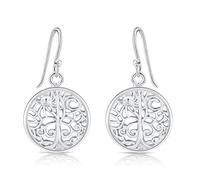DTPsilver® Orecchini Pendenti Piccoli a Gancio in Argento sterling 925 - Simbolo dell'Albero della Vita con Sole e Luna - Lunghezza: 30 mm - Diametro 16 mm