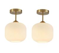 DTREEL DTREEL Modern Gold Semi Flush Mount Ceiling Light - Lampada da soffitto in ottone spazzolato con paralume in vetro bianco latte a strisce for fattoria, corridoio, ingresso - Design a forma di l