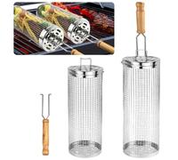 DTYGUIXE 2 Pz Cestello per Grigliare Rotante,Cestello Barbecue in Acciaio Inox con Manico,Cilindro per Cestello per Griglia Rotante a 360°,Cilindro in Rete Metallica per Barbecue all'Aperto