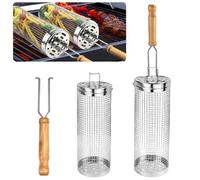 DTYGUIXE 2 Pz Cestello per Grigliare Rotante,Cestello Barbecue in Acciaio Inox con Manico,Cilindro per Cestello per Griglia Rotante a 360°,Cilindro in Rete Metallica per Barbecue all'Aperto