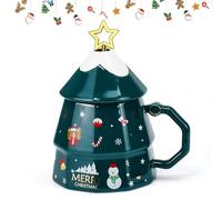DTYGUIXE Tazza in Ceramica a Forma di Albero di Natale Tazza di Caffè di Natale da 350ml con Coperchio Tazza a Tema Natalizio con Cucchiaio da Agitare Idea Regalo per Genitori, Amici e Natale
