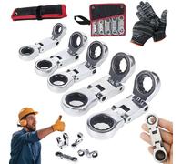 Dual-Drive Nano Flex-Head Pocket Ratchet, 3/4“ Inch Retractable Ratchets Wrenches Set, 5 Pack Stubby Wrenches Sets, Double Box End Wrench Metric 8-19mm, 180° Flex Foldable (1 Set)