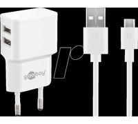 Dual Micro USB charger set 2.4 A, white, 1 m - power unit with 2 USB ports and Micro USB cable