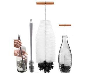 Dual-Purpose Long Bottle Brush Combo - 35 cm Hard Bristles & Soft Sponge + 28 cm Silicone Scrubber for SodaStream/Tall Containers - Deep Clean Kit for Stubborn Residues & Gentle Polishing