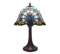 Dualbao Lampada da Tavolo Pavone da 12 Pollici con Perline di Cristallo Ambra Fiori Rosa, Foglie Verdi, Paralume in Vetro colorato Blu, Viola e Giallo Luce da scrivania per Decorare Il Comodino,A