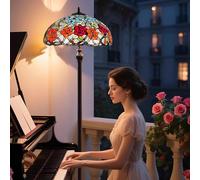 Dualbao Lampada da Terra con Rosa Rosso-Arancio da 18 Pollici, Foglie Blu-Verdi in Vetro colorato Tiffany, Lampada da Lettura con Interruttore a Catena, Lampada da Comodino Vintage Antica
