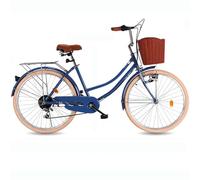 DUBTEDHOU Bicicletta da pendolare urbana, Bicicletta da crociera ibrida a 6 velocità da donna con luci, cestino, portapacchi, blu, 26 pollici