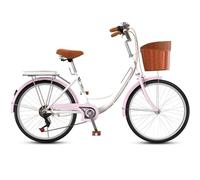 DUBTEDHOU Bicicletta da pendolare urbana, Bicicletta da crociera ibrida a 7 velocità multicolore da 26/24 pollici con cestino e portapacchi(Pink,24inch)