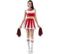 DUBTEDHOU Divisa da cheerleader, Set uniforme da cheerleader da donna con pon pon e calzini multicolori S-XL(Red,M)