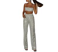 Dubute Abito da donna a due pezzi senza maniche con paillettes luccicanti canotta crop top gamba larga pantaloni con paillettes scintillanti, Argento, L