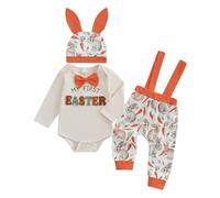 Dubute Baby Boy My First Easter Clothes Bunny Manica Lunga Pagliaccetto e Pantaloni Cappello Coming Home Outfit 3 Pz, Arancione, 3-6 Months