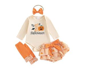 Dubute Completo per Neonata per il Primo Halloween "My First Halloween" Tutina con Gonna a Tutu a Zucca Fascia per Capelli Carina Set di 4 Pezzi, 6-12 Months