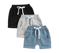 Dubute Confezione da 3 pantaloncini da jogging con coulisse in vita e tasche, pantaloncini estivi per bambini 0-3 anni, nero, grigio, blu., 12-18 Mesi