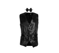 Dubute Gilet da uomo con paillettes lucide con scollo a V, tinta unita, con glitter, con papillon per party club, Nero , M