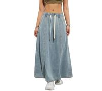 Dubute Gonne casual da donna in denim con volant cravatta in vita svasato svasato gonna lunga jeans elastico coulisse con tasche, Azzurro, S