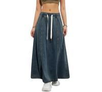 Dubute Gonne casual da donna in denim con volant cravatta in vita svasato svasato gonna lunga jeans elastico coulisse con tasche, Blu scuro, L