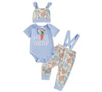 Dubute Pasqua Baby Boy 3PCS Vestiti Set Neonato Manica Corta/Lunga Pagliaccetto Coniglietto Bretella Pantaloni Tuta Cappello Set, Celeste-My 1st easter, 6-12 Months