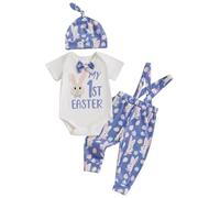 Dubute Pasqua Baby Boy 3PCS Vestiti Set Neonato Manica Corta/Lunga Pagliaccetto Coniglietto Bretella Pantaloni Tuta Cappello Set, Blue-My 1st easter, 0-3 Months