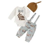 Dubute Pasqua Baby Boy 3PCS Vestiti Set Neonato Manica Corta/Lunga Pagliaccetto Coniglietto Bretella Pantaloni Tuta Cappello Set, Beige-La mia prima Pasqua, 0-3 Months