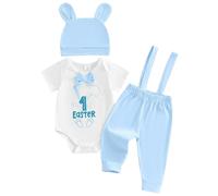 Dubute Pasqua Baby Boy 3PCS Vestiti Set Neonato Manica Corta/Lunga Pagliaccetto Coniglietto Bretella Pantaloni Tuta Cappello Set, Celeste-My 1st easter A, 12-18 Months