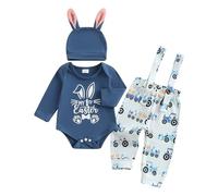 Dubute Pasqua Baby Boy 3PCS Vestiti Set Neonato Manica Corta/Lunga Pagliaccetto Coniglietto Bretella Pantaloni Tuta Cappello Set, Blue-My 1st camion pasquale, 6-9 Months