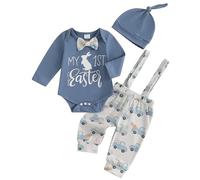 Dubute Pasqua Baby Boy 3PCS Vestiti Set Neonato Manica Corta/Lunga Pagliaccetto Coniglietto Bretella Pantaloni Tuta Cappello Set, Blue-My 1st easter B, 3-6 Months