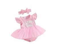 Dubute Tutù da neonata con maniche a volant e maniche a volant, con stampa in rete, tulle e fascia per capelli, 0-18 mesi, Pink Daddy's Girl, 0-3 Months