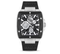 DUCATI DT002 Orologio da polso da uomo, design industriale, cassa rettangolare da 40 mm, quadrante nero semitrasparente, 3 lancette e data, impermeabile, cinturino in pelle nera con fondo in silicone