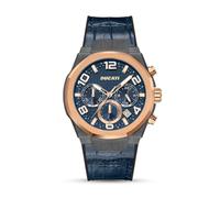 DUCATI DT006 Orologio cronografo - Quadrante blu multistrato da 43,5 mm, cinturino in pelle blu con base in silicone, resistente all'acqua fino a 50 m, accenti audaci in oro rosa per gli appassionati