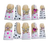Duck Bill - Unghie finte con punta francese, estensioni artificiali fatte a mano con strass e cristalli, eleganti punte per unghie finte a farfalla, 10 pezzi a pressione con cuori