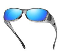 DUCO Occhiali da sole da uomo e donna, polarizzati, unisex, UV400, protezione Wrap Around antiriflesso, per chi porta gli occhiali, Fit-over, M Dimensione Clear Grigio Telaio Revo Blu Lente, M-L