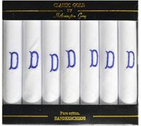 DUDU N GIRLIE - Confezione da 7 fazzoletti da uomo in raso bianco bordato con iniziali ricamate blu D, taglia unica