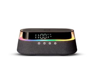 Dudùu - Cosmo Lampada da Comodino Multifunzione con Radio FM/AM, Speaker Bluetooth, Orologio Digitale e Ricarica Wireless Qi, Stazione Smart con Luce LED RGB e Sveglia (Grigio Scuro)