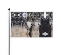 Due bandiere decorative con motivo lupi su entrambi i lati, con fori per appenderle, adatte per appendere in giardini e portici.