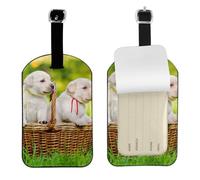 Due cani in un cesto stampato,Etichette per bagagli in pelle PU, etichette per bagagli resistenti da viaggio, 2 pezzi