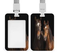Due cavalli in piedi su sfondo nero Porta badge trasparente con cordino staccabile Custodia verticale in plastica rigida protegge carte d'identità di lavoro carte di credito per ufficio fabbrica