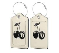 Due ciliegie con il numero 8 etichetta per bagagli per valigia, confezione da 2 etichette per bagagli in pelle con patta per la privacy, etichetta identificativa con nome e anello in metallo, per