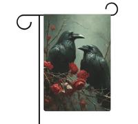 Due corvi fiori rossi fantasia scura gotica bandiera da giardino stagionale vacanza juta doppia faccia casa cortile esterno bandiere 30,5 x 45,7 cm