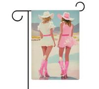 Due cowgirls stivali da cowboy rosa bandiera da giardino occidentale festa stagionale iuta doppia faccia casa cortile bandiere esterne 30,5 x 45,7 cm