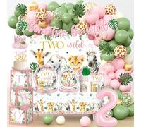 Due decorazioni di compleanno selvaggio ragazza safari animale giungla tema 2 ° compleanno forniture per feste includono Born Two be Wild Banner palloncini ghirlanda arco piatti e tovaglioli 2 °