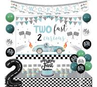 Due decorazioni di compleanno veloci ragazzo vintage, auto da corsa 2 ° compleanno palloncini due veloce sfondo torta cupcake topper a scacchi auto da corsa numero 2 palloncino in lamina per