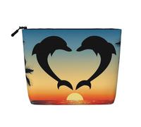 Due delfini che saltano a forma di cuore, Borsa per cosmetici in lino sintetico Borsa per trucco Borsa da viaggio portatile